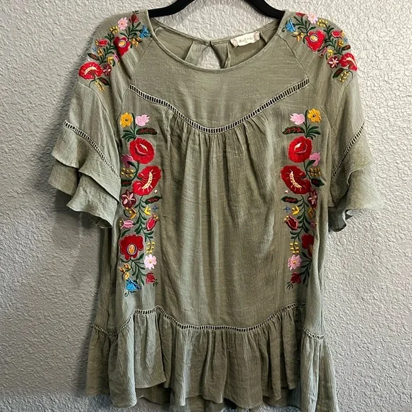 Altar’d State size Med Olive Embroidered Top ruffle - Picture 1 of 5